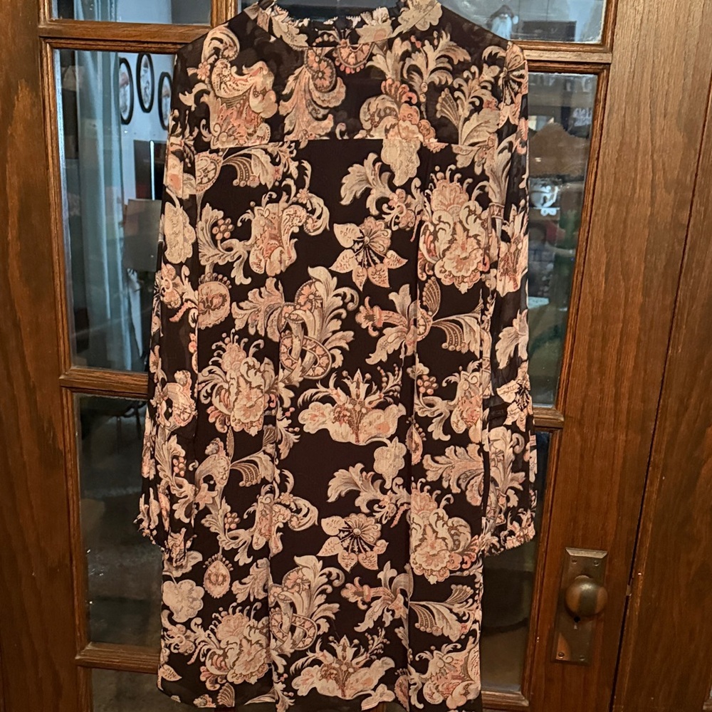 LOFT Womens Medium Black Pink Floral Damask Ruffle Neck Tie Long Sleeve Dress - Picture 7 of 7